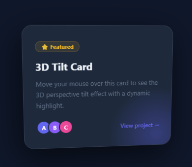 Screenshot of the 3D Card Tilt snippet rendered live