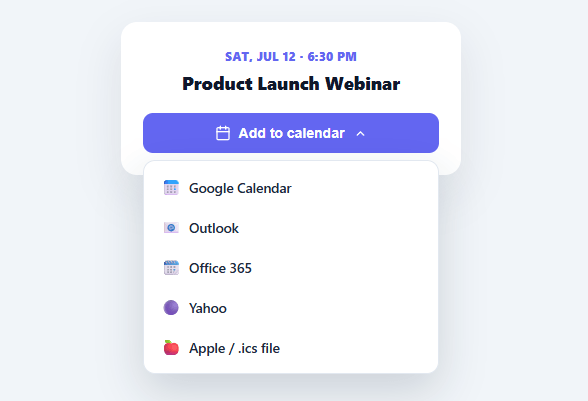 Screenshot of the Add to Calendar Button snippet rendered live