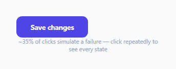 Screenshot of the Async Submit Button — Idle/Loading/Success/Error State Machine snippet rendered live