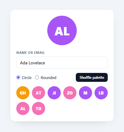 Screenshot of the Avatar Generator snippet rendered live