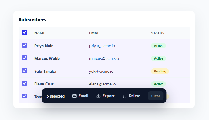 Screenshot of the Bulk Actions Bar snippet rendered live