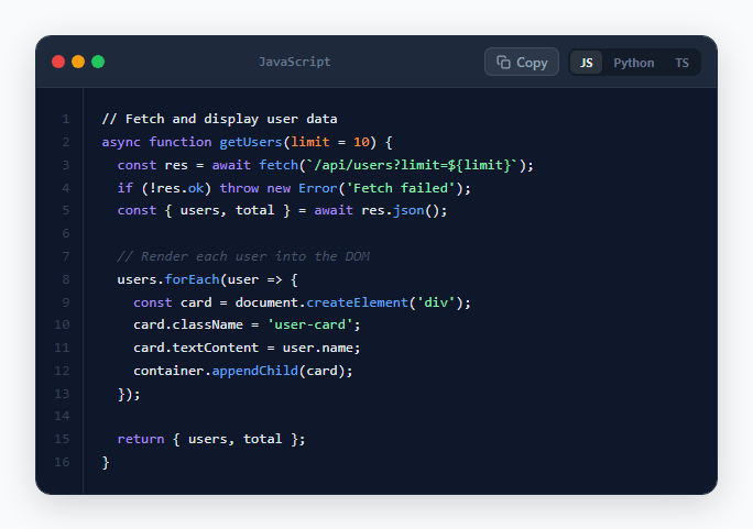 Screenshot of the Code Block snippet rendered live