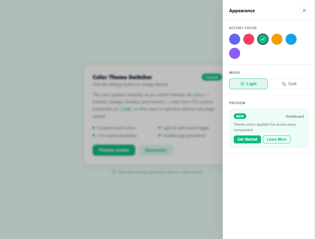 Screenshot of the Color Theme Switcher snippet rendered live
