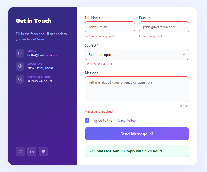 Screenshot of the Contact Form snippet rendered live