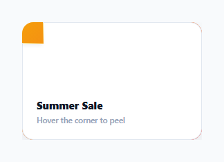 Screenshot of the Corner Peel Hover Reveal Card snippet rendered live