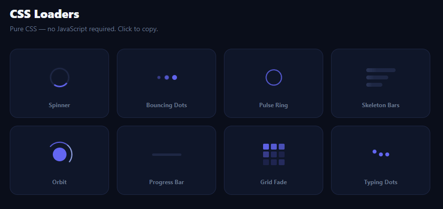 Screenshot of the CSS Loader Gallery snippet rendered live