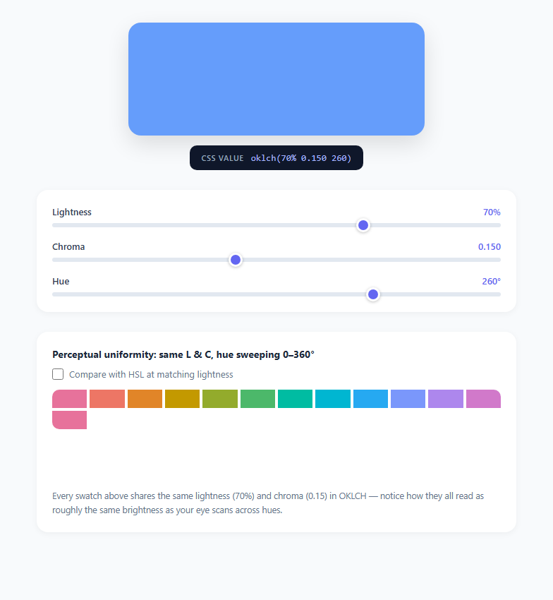 Screenshot of the OKLCH Color Picker & Playground snippet rendered live