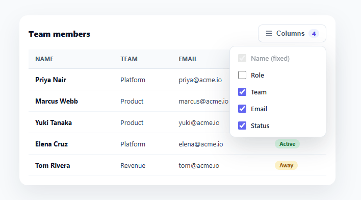 Screenshot of the Data Table Column Toggle snippet rendered live