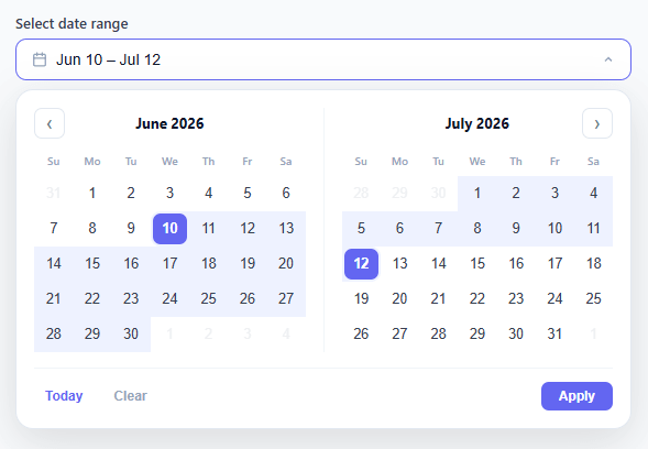 Screenshot of the Date Range Picker snippet rendered live