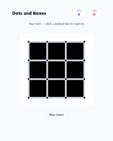 Screenshot of the Dots and Boxes Game snippet rendered live