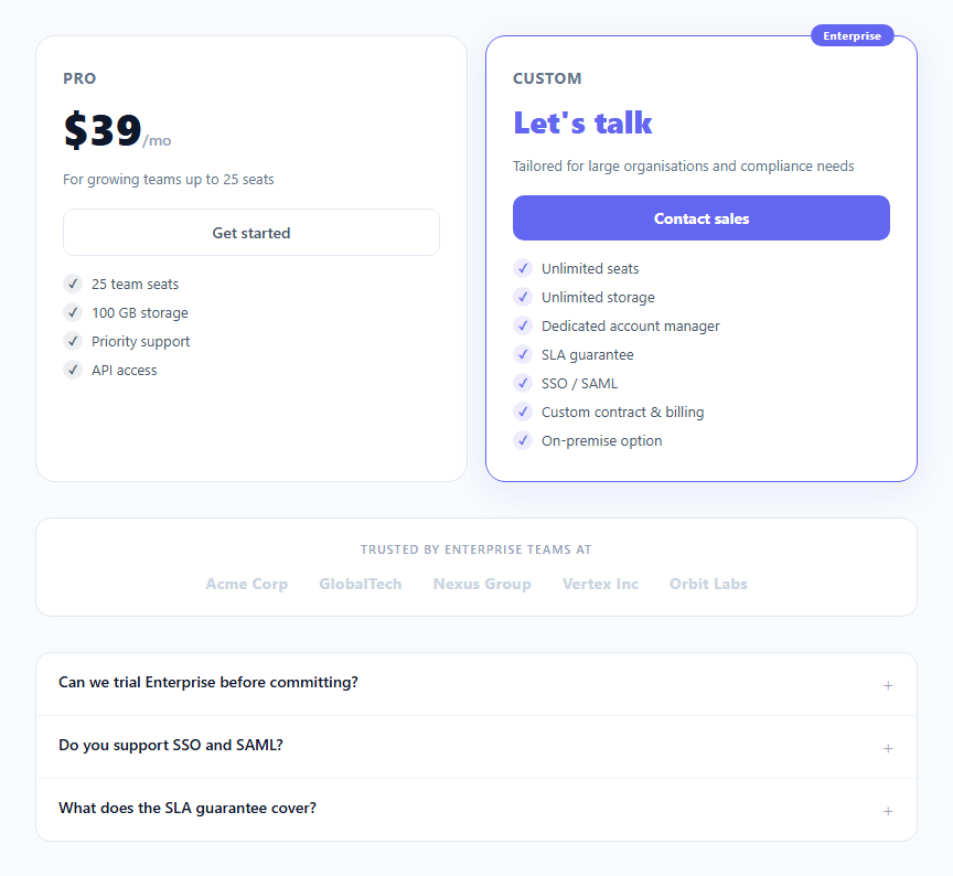 Screenshot of the Enterprise Pricing snippet rendered live