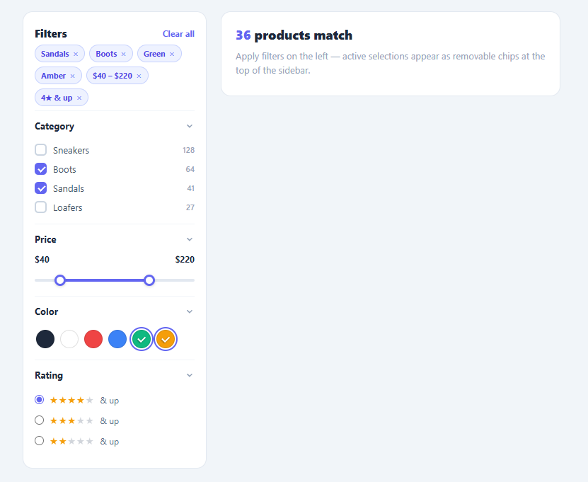 Screenshot of the Faceted Filter Sidebar snippet rendered live