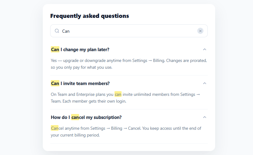 Screenshot of the FAQ Search Accordion snippet rendered live