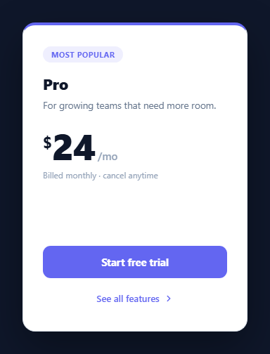 Screenshot of the Flip Pricing Card snippet rendered live