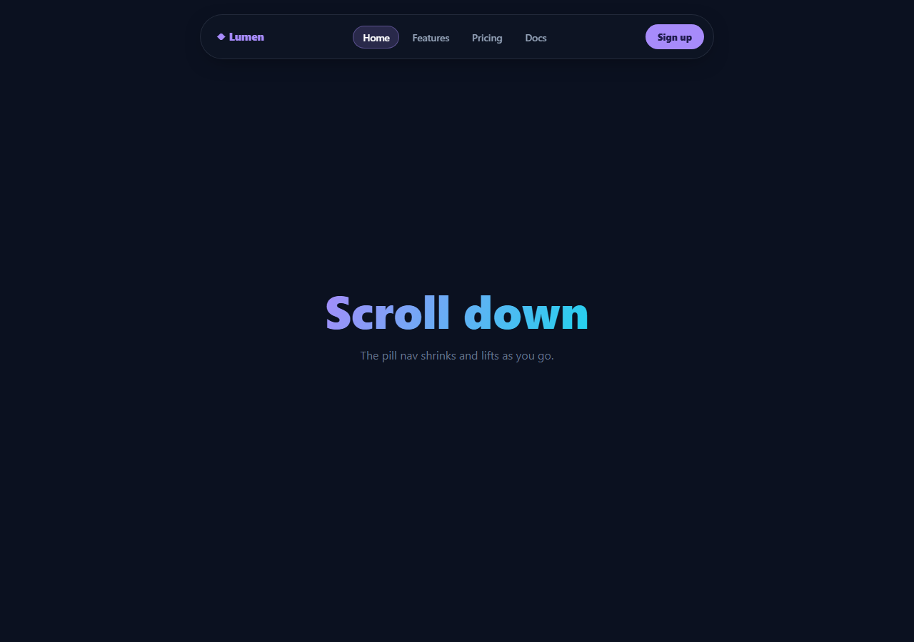 Screenshot of the Floating Pill Nav snippet rendered live