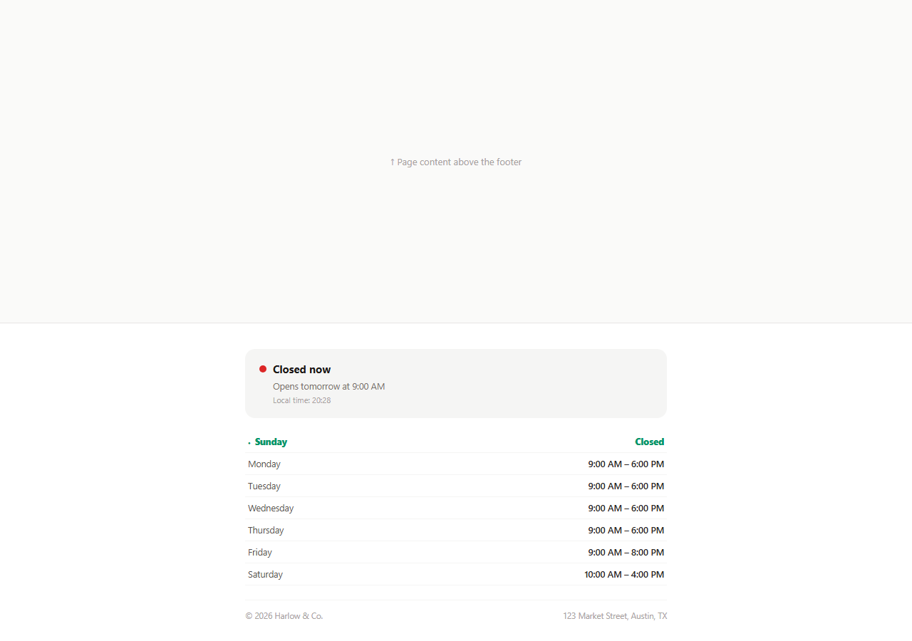 Screenshot of the Business Hours Status Footer snippet rendered live