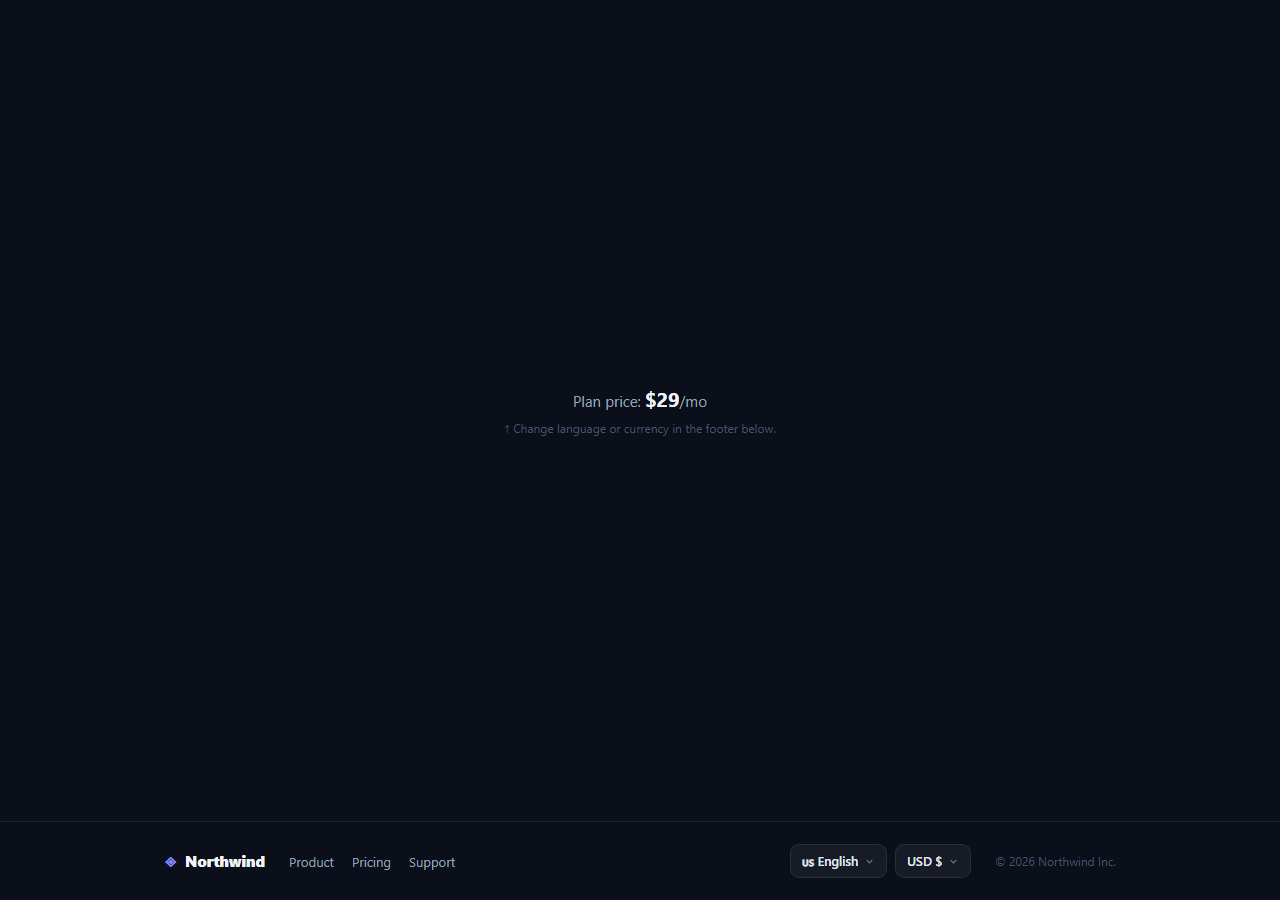 Screenshot of the Footer Locale & Currency Switcher snippet rendered live