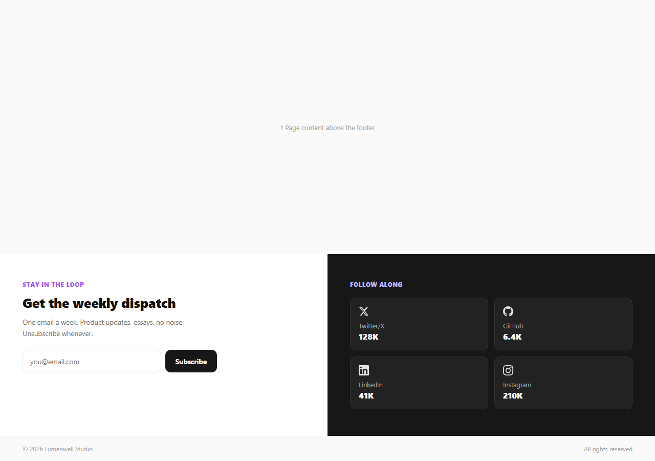 Screenshot of the Split Newsletter & Social Footer snippet rendered live