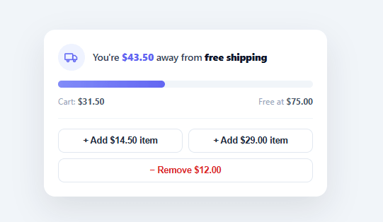 Screenshot of the Free Shipping Progress Bar snippet rendered live