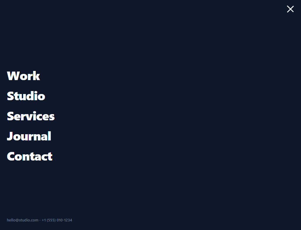 Screenshot of the Fullscreen Menu snippet rendered live
