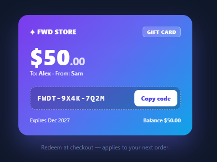 Screenshot of the Gift Card Voucher snippet rendered live