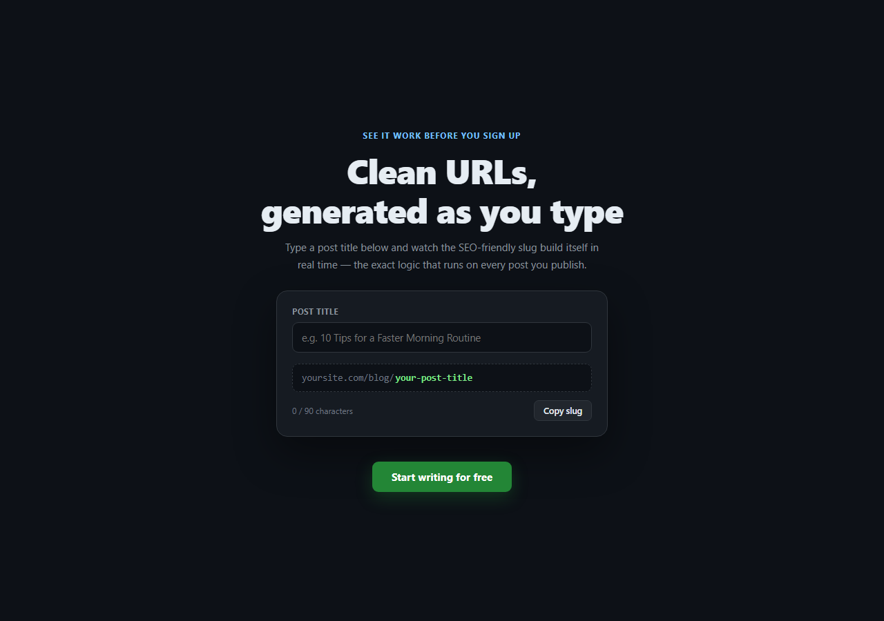 Screenshot of the Hero with Live Slug Generator Demo snippet rendered live