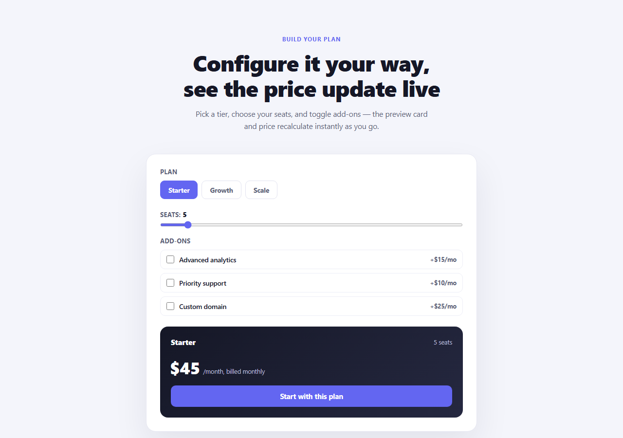 Screenshot of the Hero with Interactive Product Configurator snippet rendered live