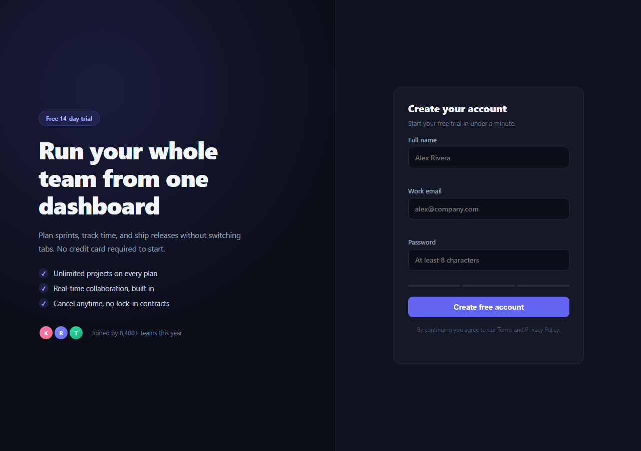 Screenshot of the Split-Screen Hero with Embedded Signup Form snippet rendered live