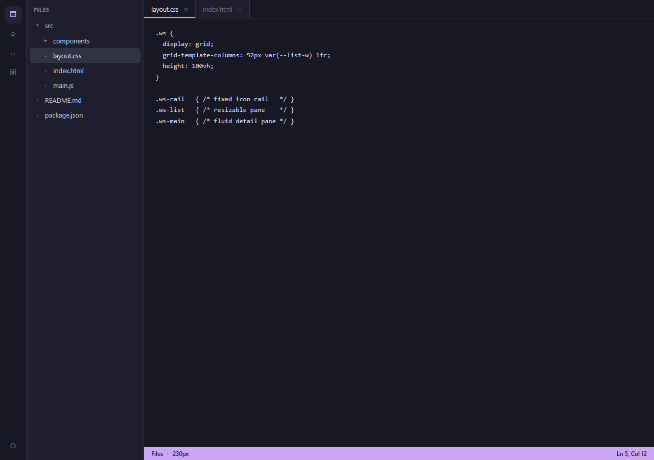 Screenshot of the IDE Three-Pane Workspace Layout snippet rendered live