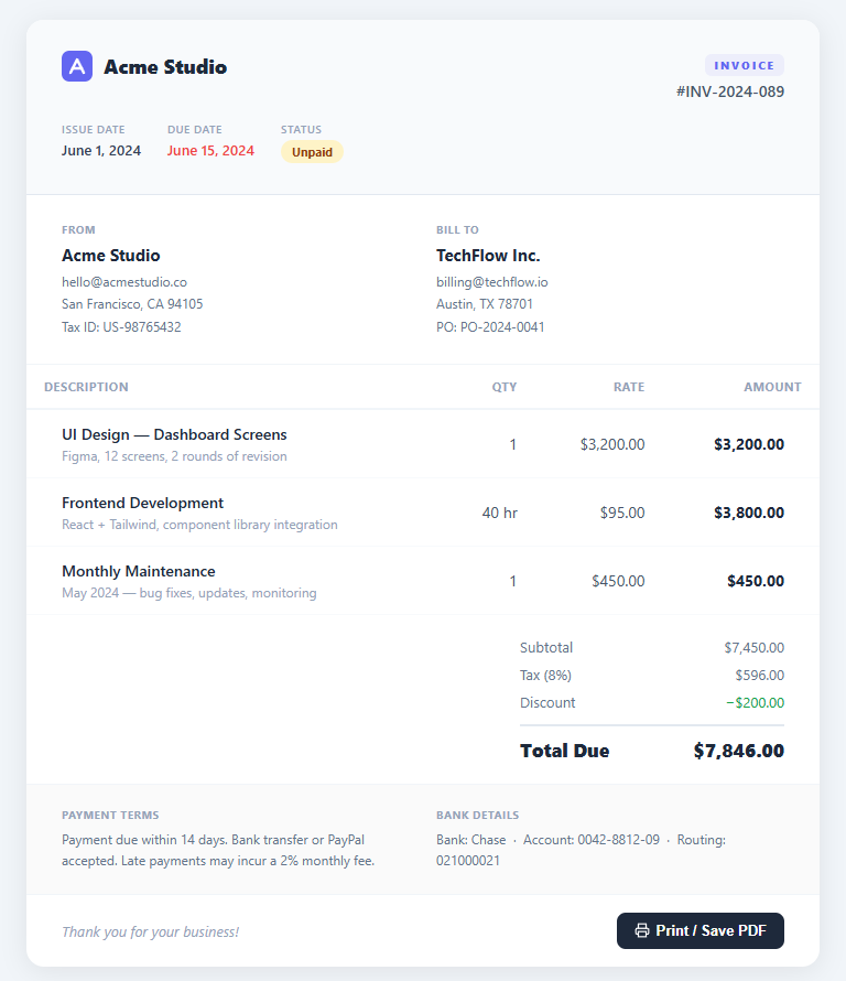 Screenshot of the Invoice Preview snippet rendered live