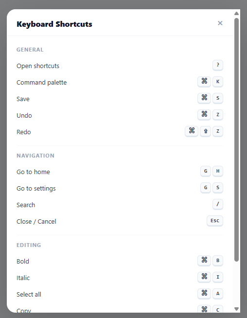 Screenshot of the Keyboard Shortcuts snippet rendered live