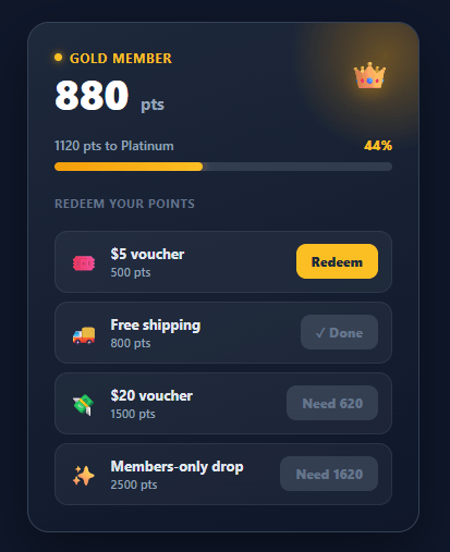 Screenshot of the Loyalty Points Widget snippet rendered live
