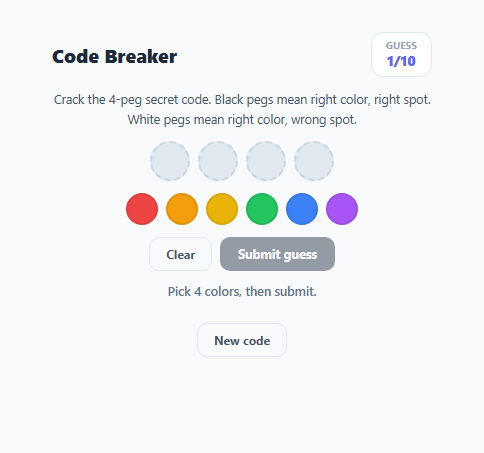 Screenshot of the Mastermind Code Breaker Game snippet rendered live