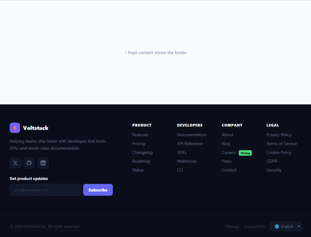 Screenshot of the Mega Footer snippet rendered live
