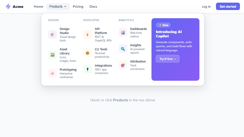 Screenshot of the Mega Menu snippet rendered live