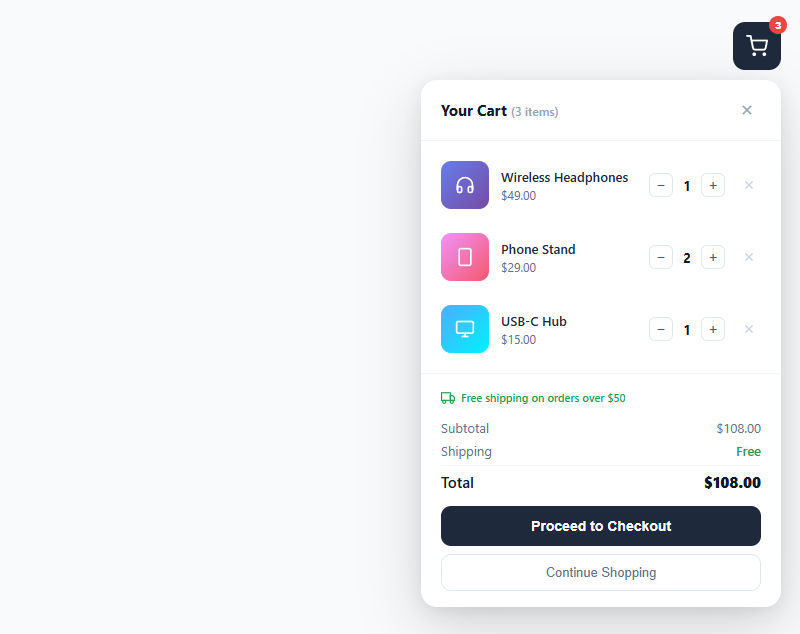 Screenshot of the Mini Cart snippet rendered live