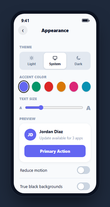 Screenshot of the Mobile Appearance Settings Screen snippet rendered live
