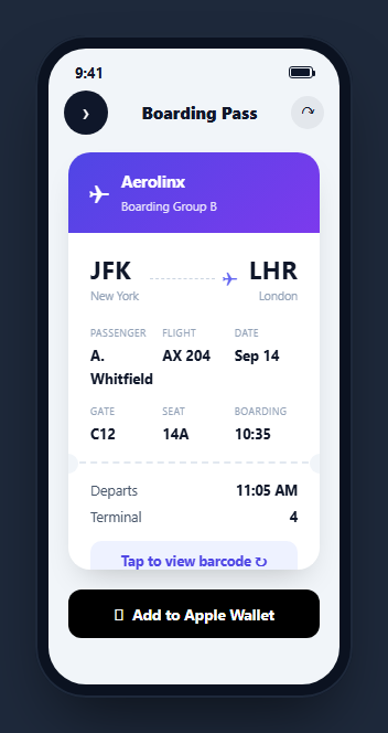 Screenshot of the Mobile Boarding Pass Screen snippet rendered live