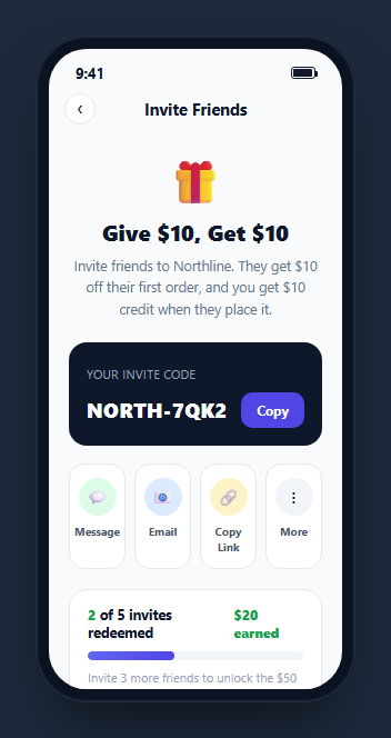 Screenshot of the Mobile Referral & Invite Friends Screen snippet rendered live