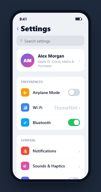 Screenshot of the Mobile Settings Screen snippet rendered live
