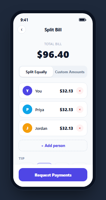 Screenshot of the Mobile Split Bill Screen snippet rendered live