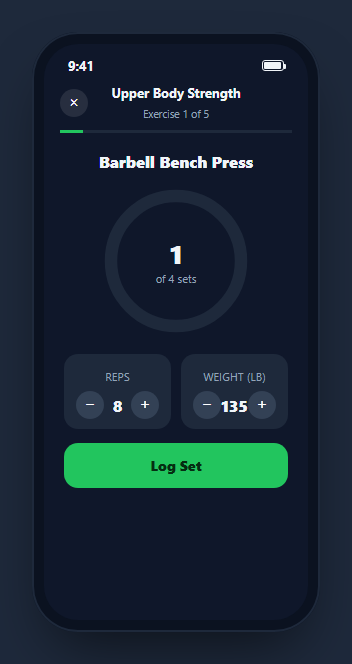 Screenshot of the Mobile Workout In-Progress Screen snippet rendered live