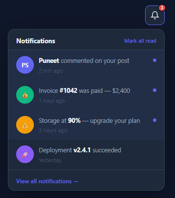 Screenshot of the Notification Bell snippet rendered live