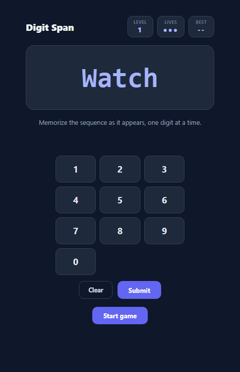 Screenshot of the Number Sequence Memory Game snippet rendered live