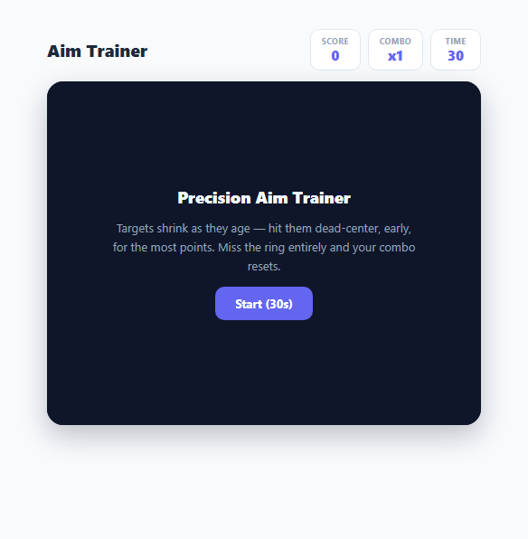 Screenshot of the Precision Aim Trainer Game snippet rendered live