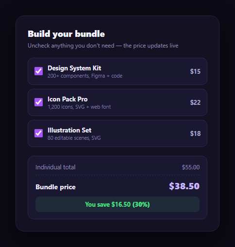 Screenshot of the Bundle Savings Card snippet rendered live