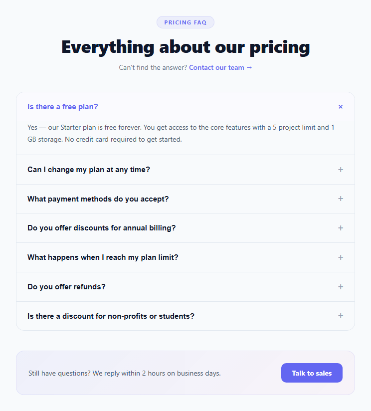 Screenshot of the Pricing FAQ snippet rendered live