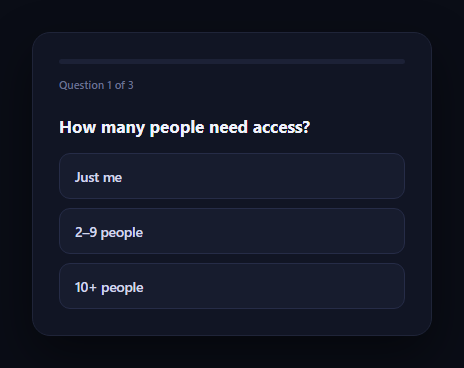 Screenshot of the Pricing Tier Recommender Quiz snippet rendered live