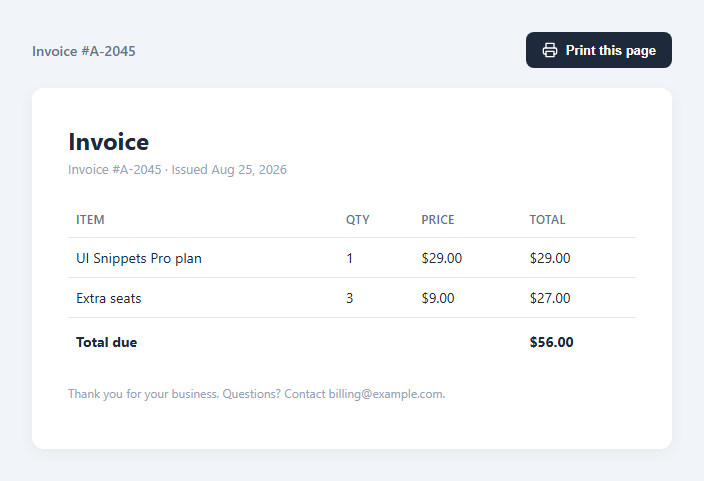 Screenshot of the Print This Page Button snippet rendered live