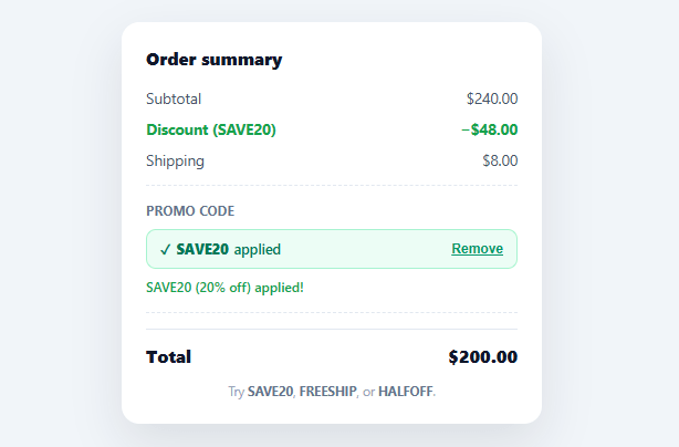 Screenshot of the Promo Code Input snippet rendered live